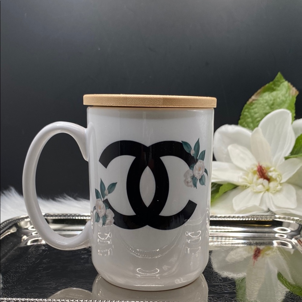 FASHION CC White Mug with Black Logo and Floral Accents NEW!